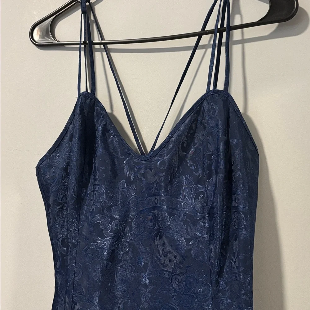 Vintage Victoria's Secret Gold Label Navy Blue Embossed‎ Floral Babydoll Teddy